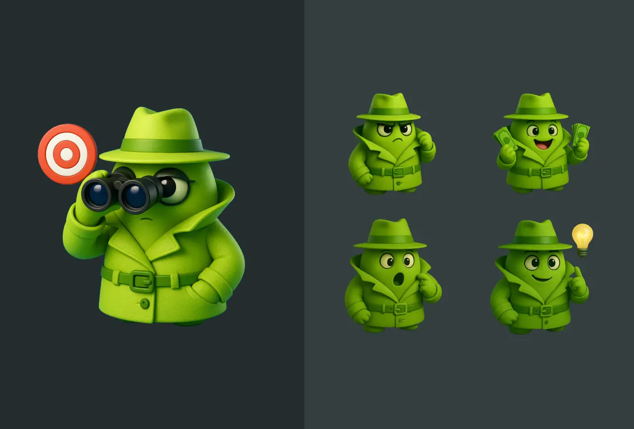 ClickScape spy mascot in several poses