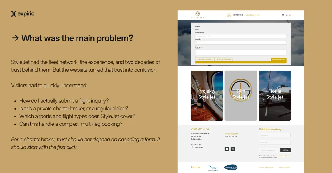 Slide naming the main problem, with screenshots of the old Style Jet website