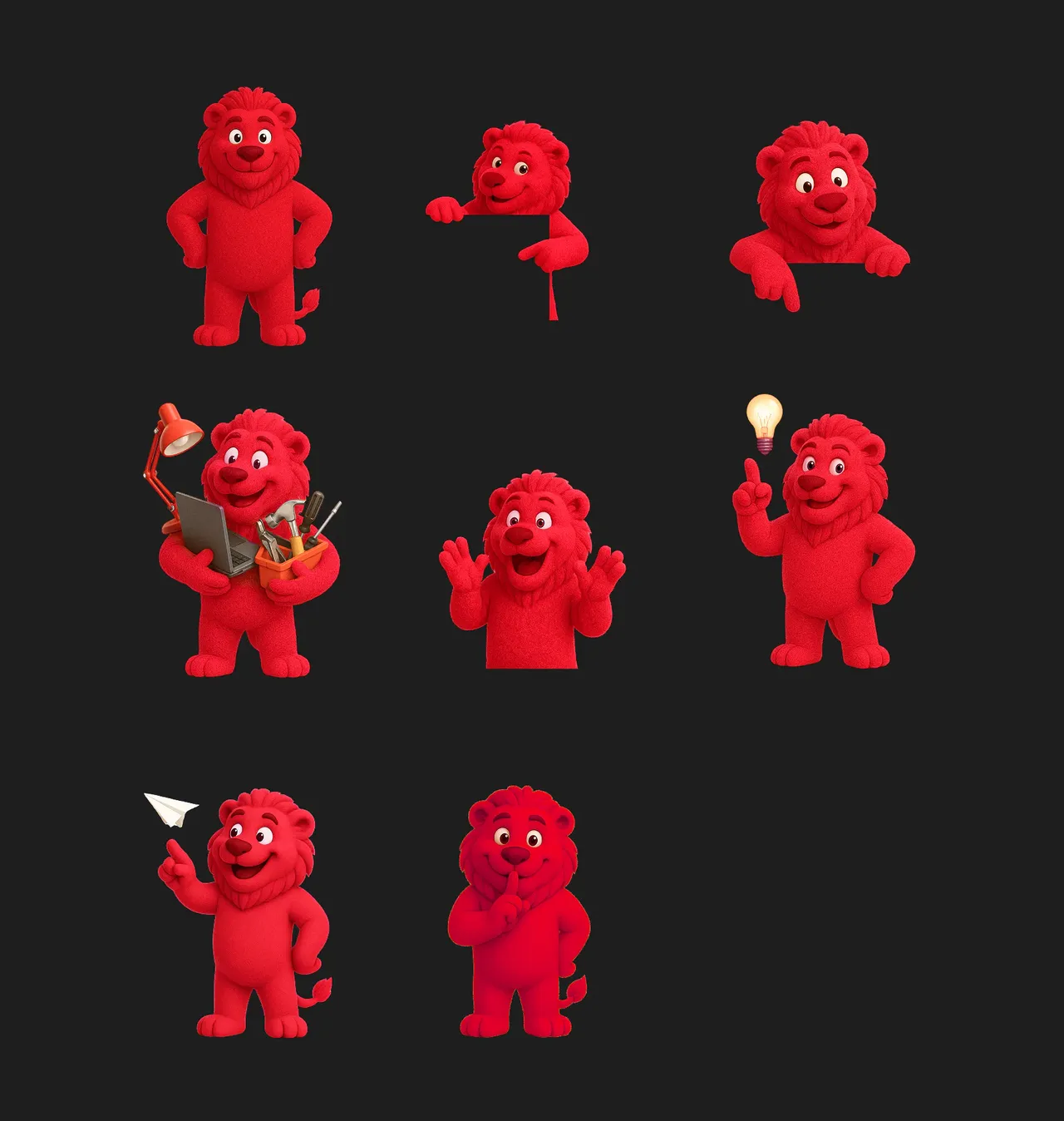 Levnoshop lion mascot in eight poses